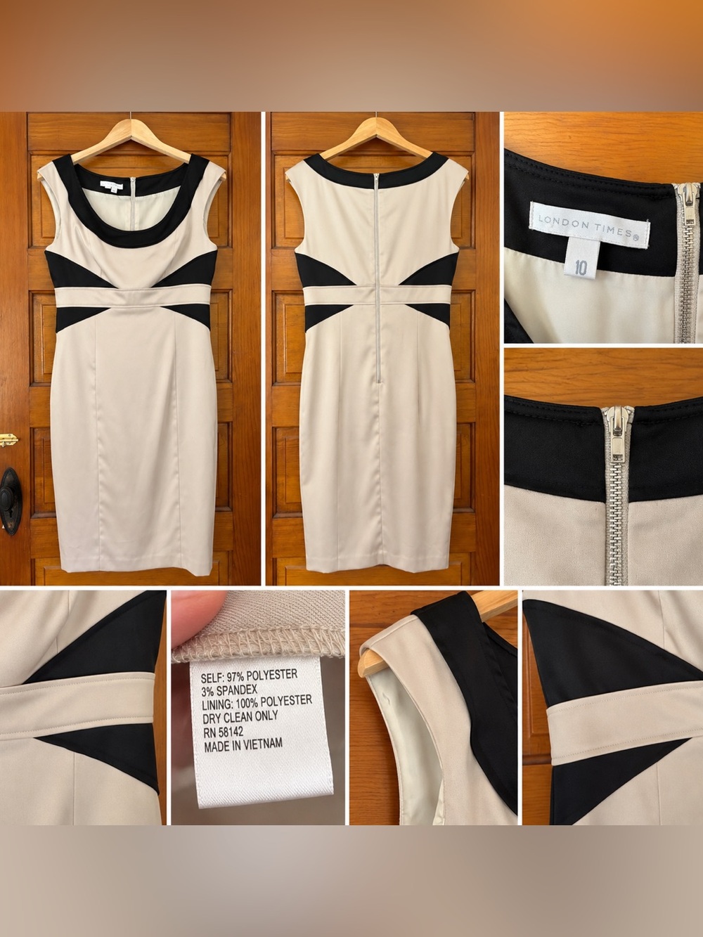 London Times Size 10 Black Beige Colorblock Sheath Dress